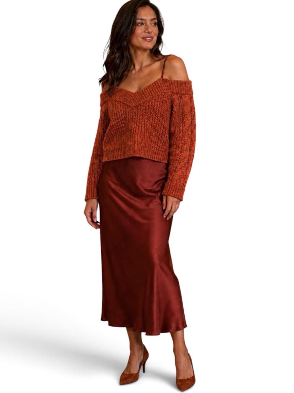 Anthropologie Mare Mare Layered Sweater & Satin Slip Dress Rust Size M